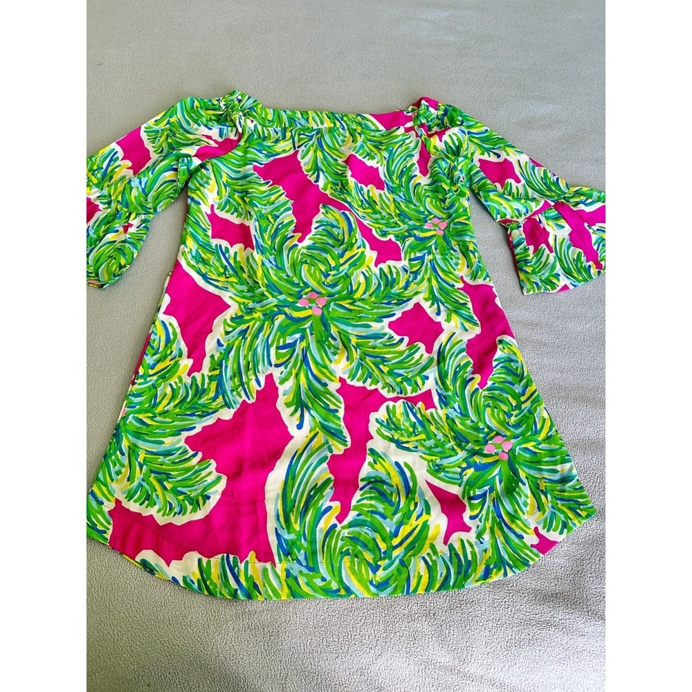 Southern Frock Dress Womens Small Tropical Floral Bell Sleeve Florida Beach Mini
